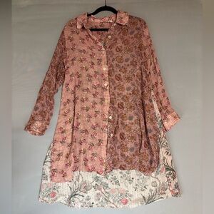 Soft Surroundings Pink Miranda Floral Sheer Metallic Long Sleeve Button Up Tunic